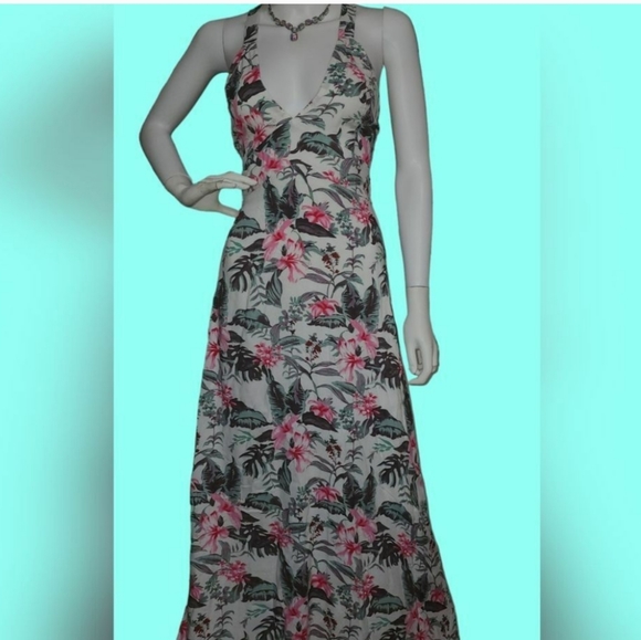 Sim & Sam Womens XS Pink Grey Green Tropical Smocked Lined Maxi Dress - Picture 3 of 8